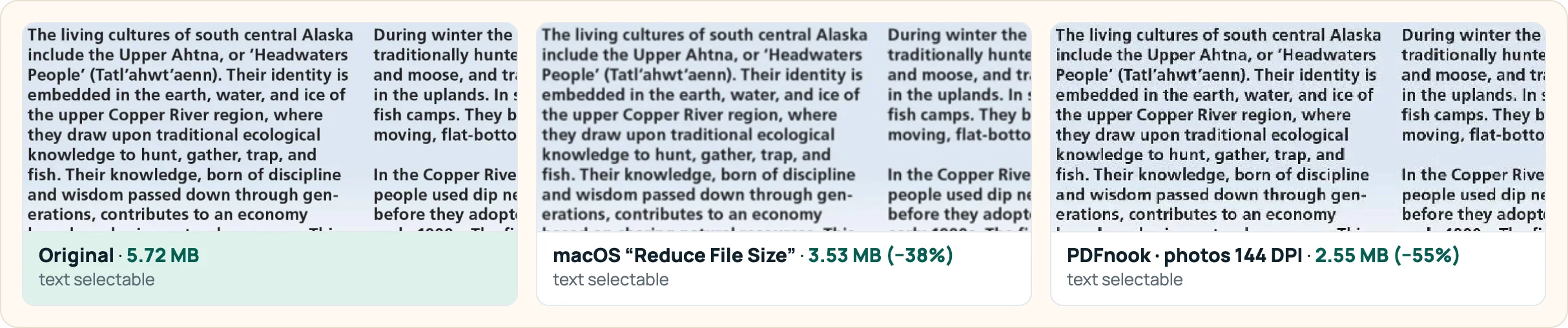 Brochure small print: original, after the macOS Reduce File Size filter, and after PDFnook shrank its photos to 144 DPI
