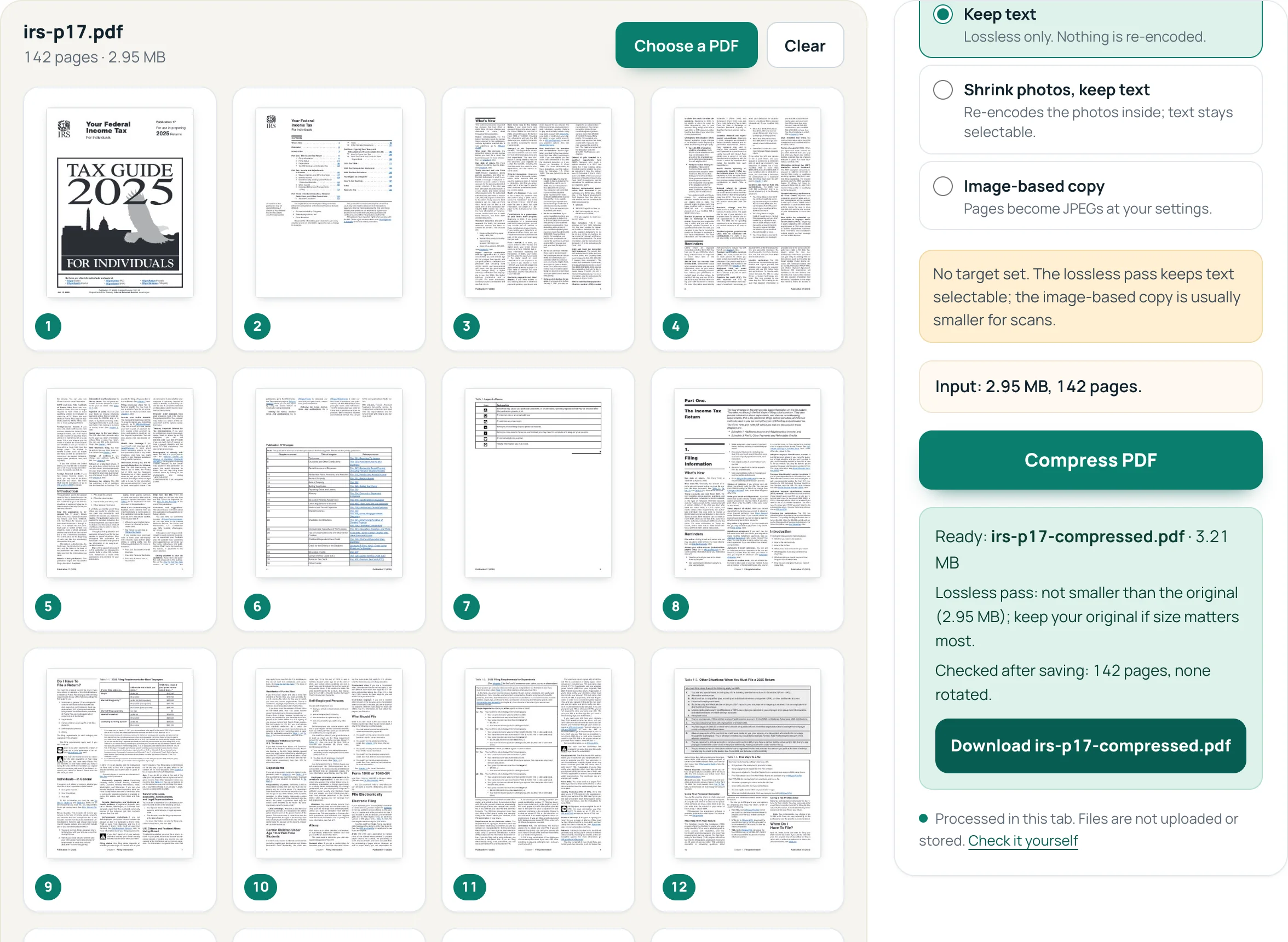 PDFnook Compress PDF page reporting that the lossless pass did not make IRS Publication 17 smaller