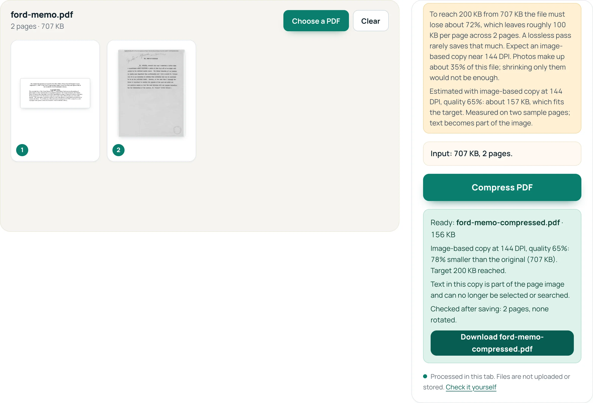 PDFnook Compress PDF page reaching a 200 KB target for a two-page scanned speech draft