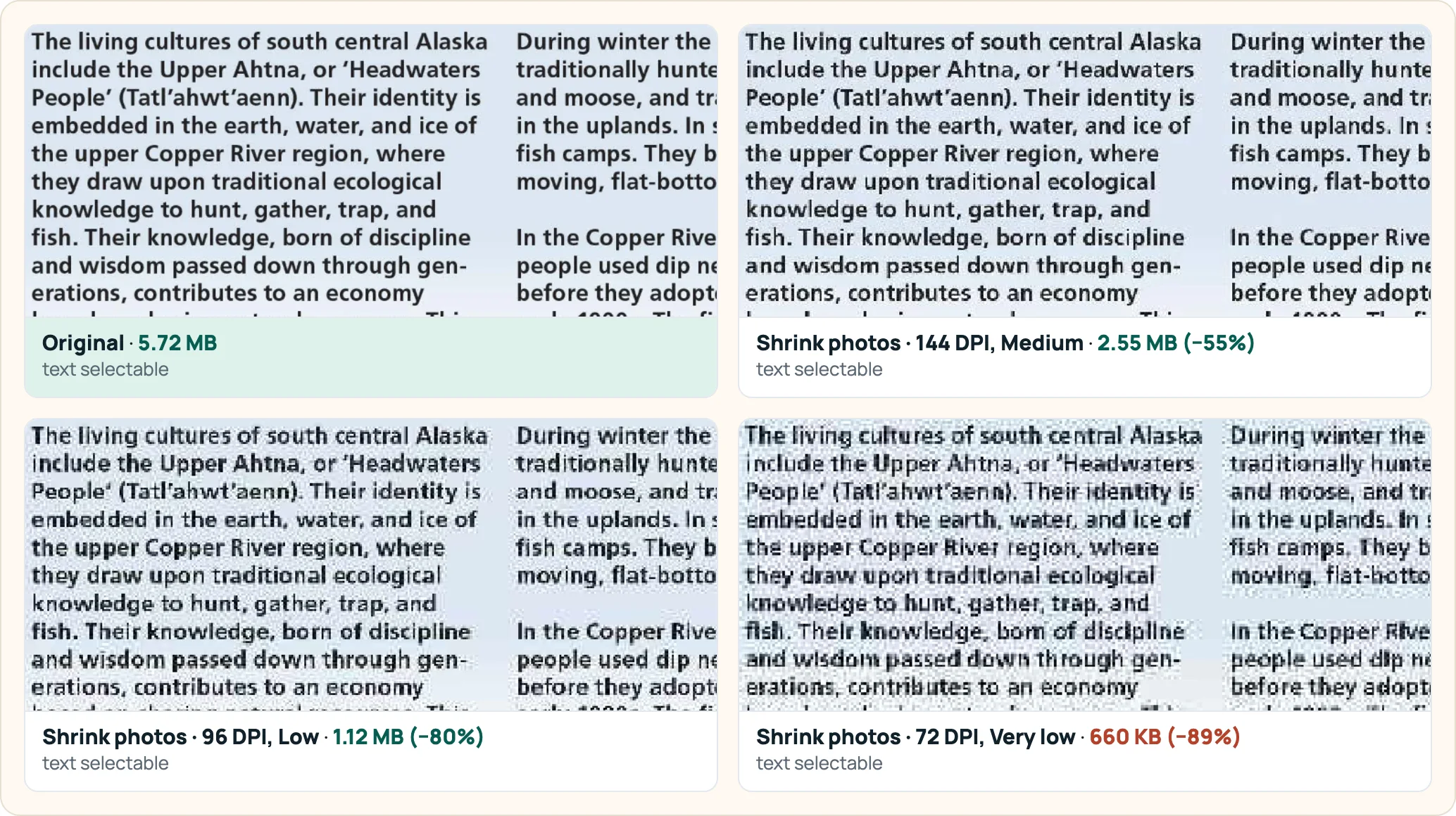 Small print from the Wrangell-St. Elias brochure at the original size and after shrinking its page photos to 144, 96 and 72 DPI